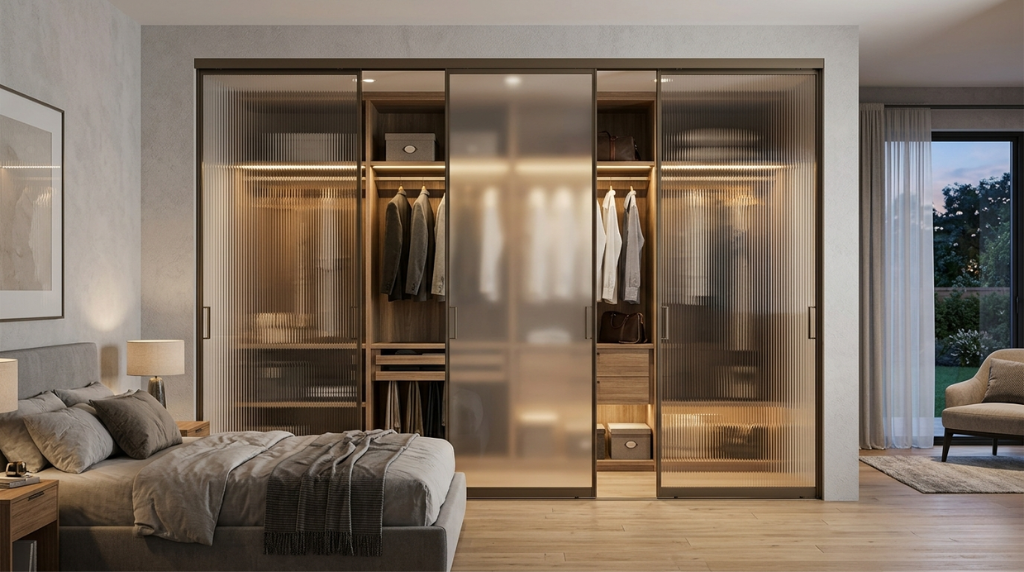 Glass sliding wardrobe door styles for 2026 in a modern bedroom