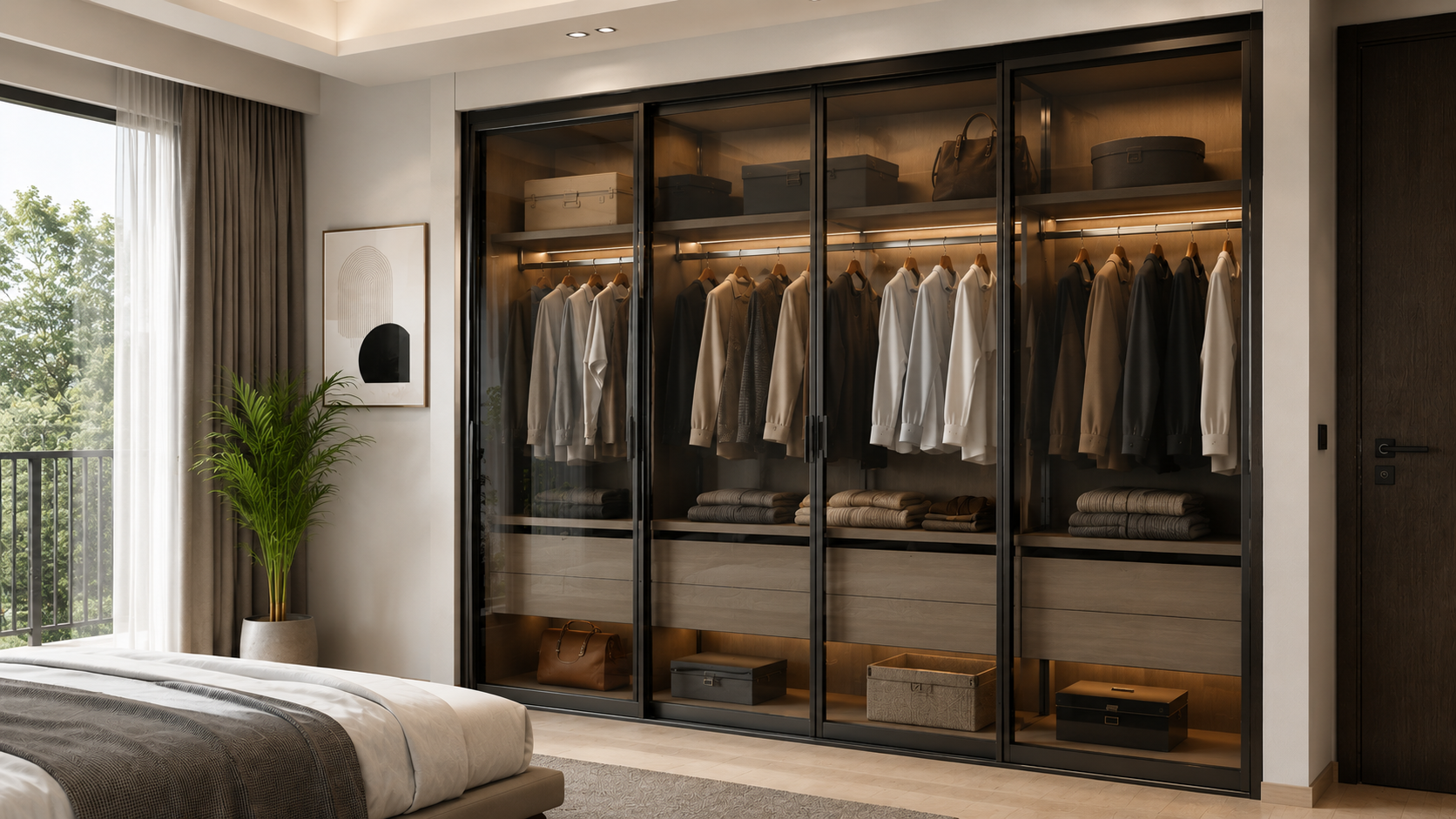 Wardrobe glass sliding door in a modern bedroom with aluminium frame and sliding track