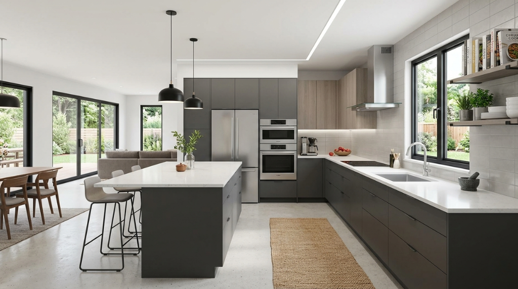 modern modular kitchen in Bangalore with smart hardware
