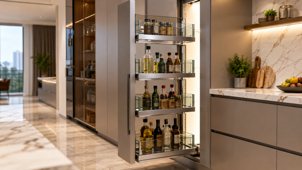 Glass bottle pull-out unit in modern modular kitchen cabinet with organized storage