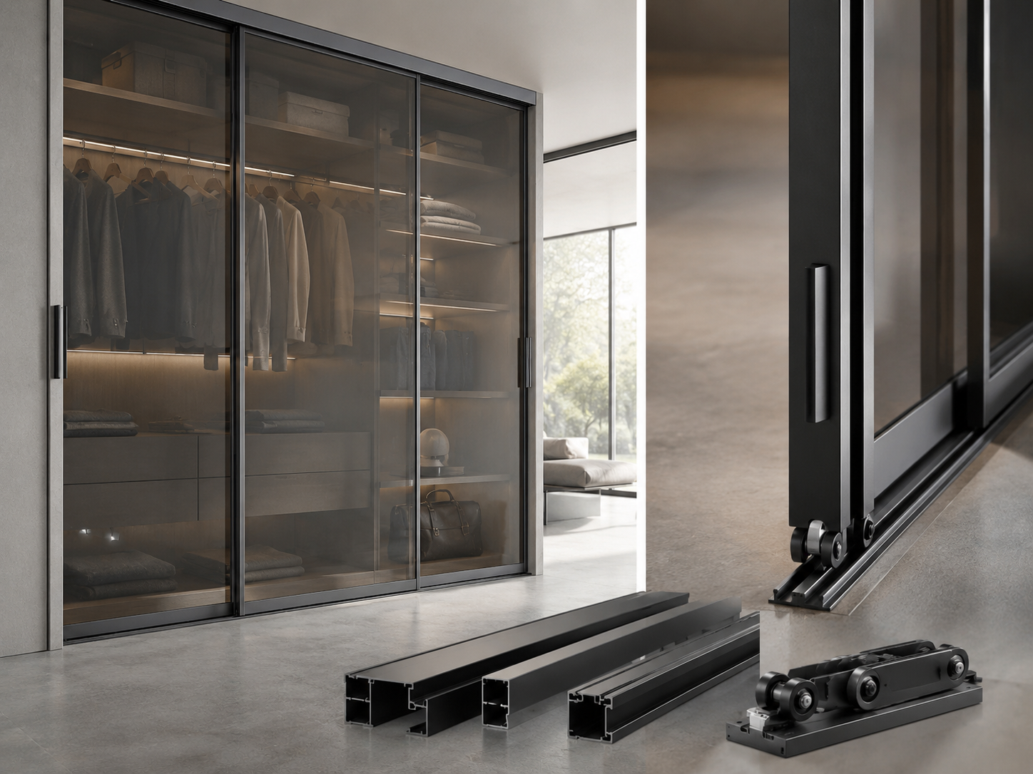 Aluminium profile and sliding hardware for wardrobe glass doors